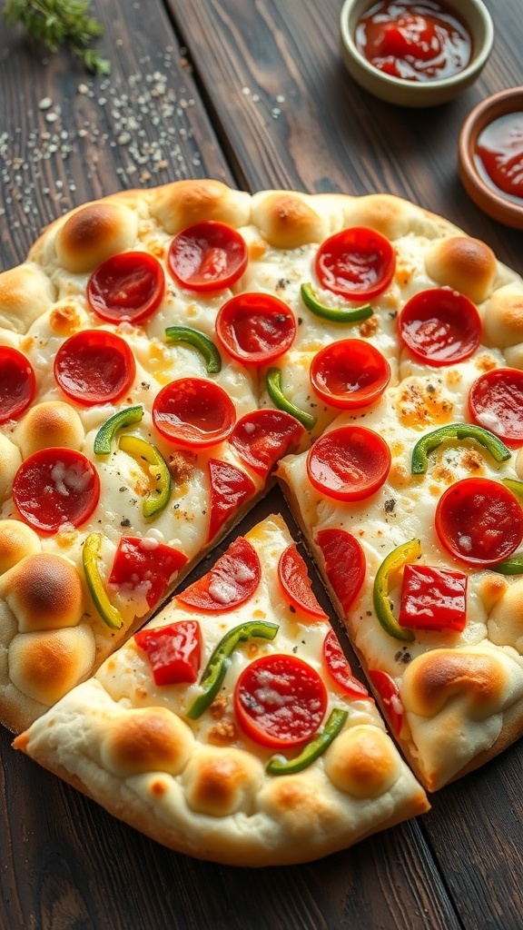 Low-Carb Cloud Bread Pizza Crust Recipe A golden-brown cloud bread pizza crust topped with cheese and pepperoni on a wooden table.